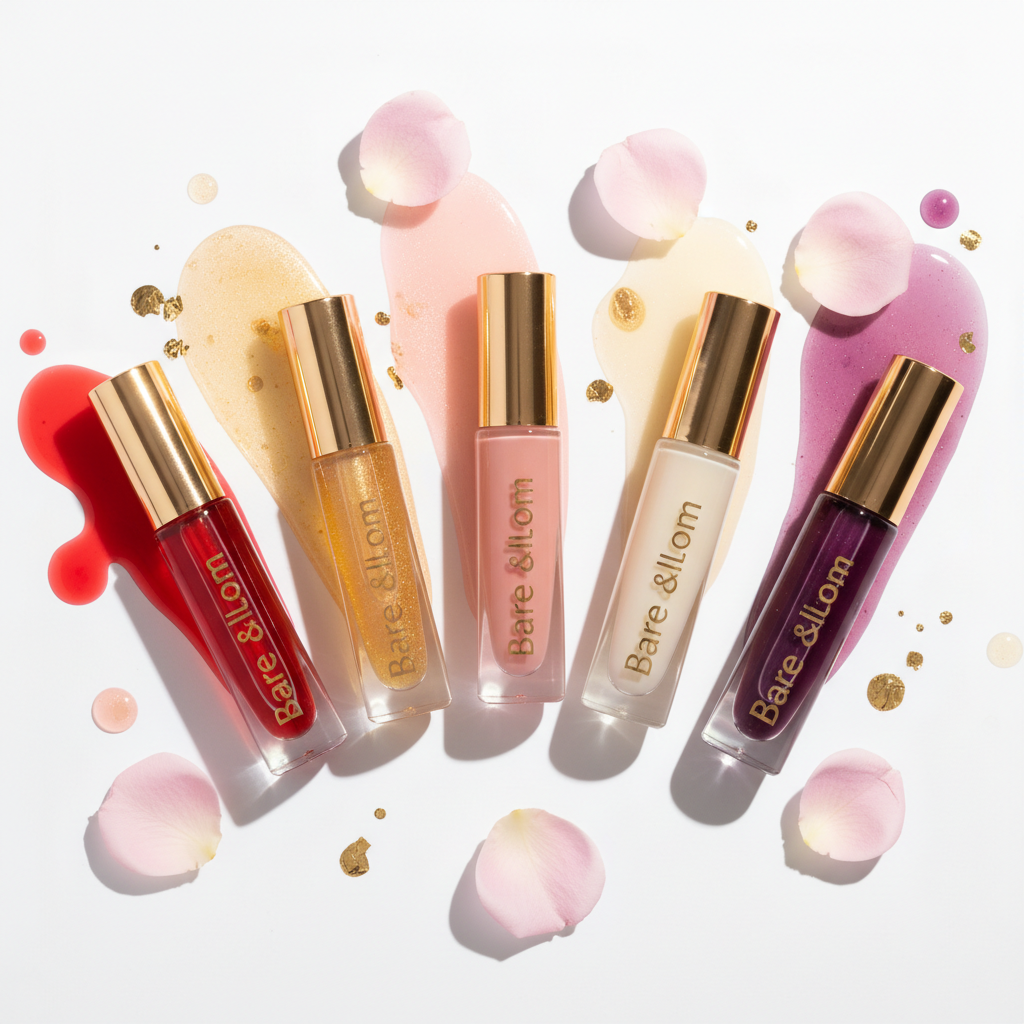 Bare & Bloom Glow Lip Oil in 5 shades flat lay