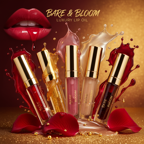 Bare & Bloom Glow Lip Oil in 5 shades with dramatic jewel-tone backdrop