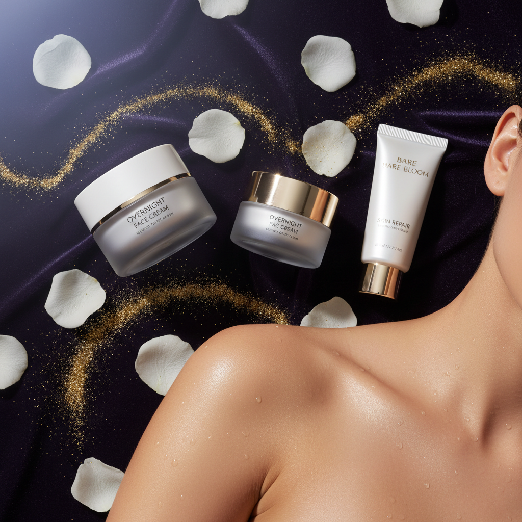 Bare and Bloom overnight skin cream on dark velvet backdrop