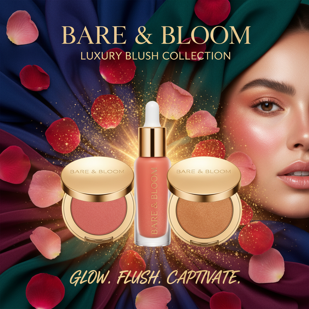 Bare and Bloom blush collection on dark jewel-tone backdrop
