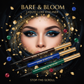 Bare & Bloom Liquid Eyeliner in 4 shades on dark jewel-tone backdrop