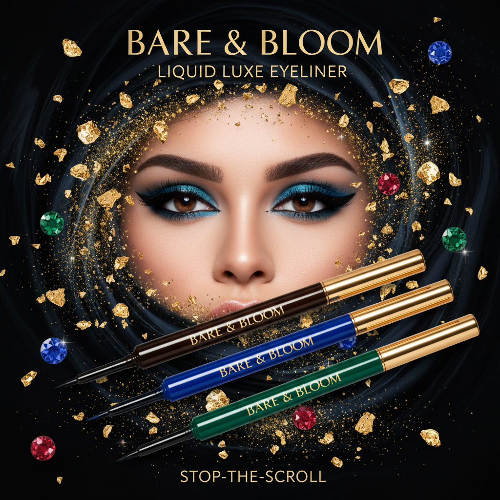 Bare & Bloom Liquid Eyeliner in 4 shades on dark jewel-tone backdrop