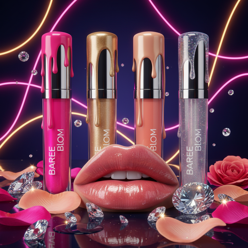 Bare & Bloom Plumping Gloss in 4 shades with dramatic jewel-tone backdrop