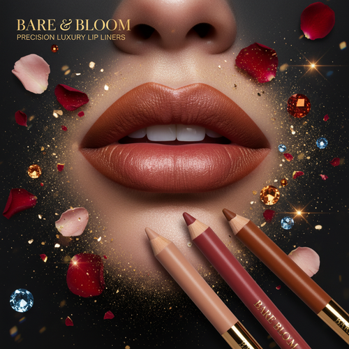 Bare & Bloom Lip Liner in 3 shades on dark backdrop with gold accents