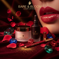 Bare & Bloom Glow Up Set with lip scrub, overnight mask and lip oil on velvet backdrop