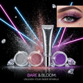 Bare & Bloom Glitter Trap Eye Kit with primer and 3 glitter shades on dark backdrop