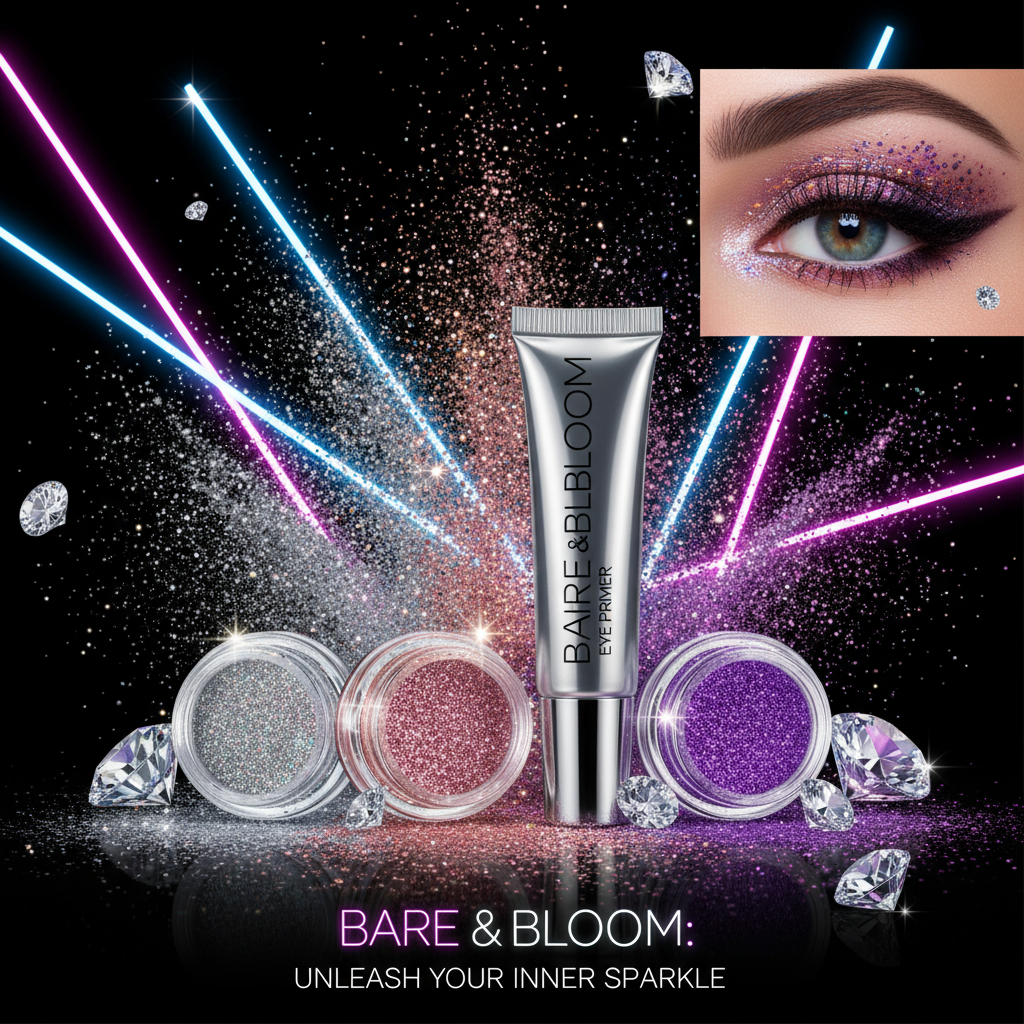 Bare & Bloom Glitter Trap Eye Kit with primer and 3 glitter shades on dark backdrop