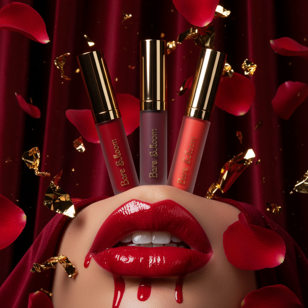 Bare & Bloom Lip Stain in 3 bold shades on dark velvet backdrop