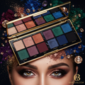 Bare & Bloom 12-shade eyeshadow palette open on dark jewel-tone backdrop