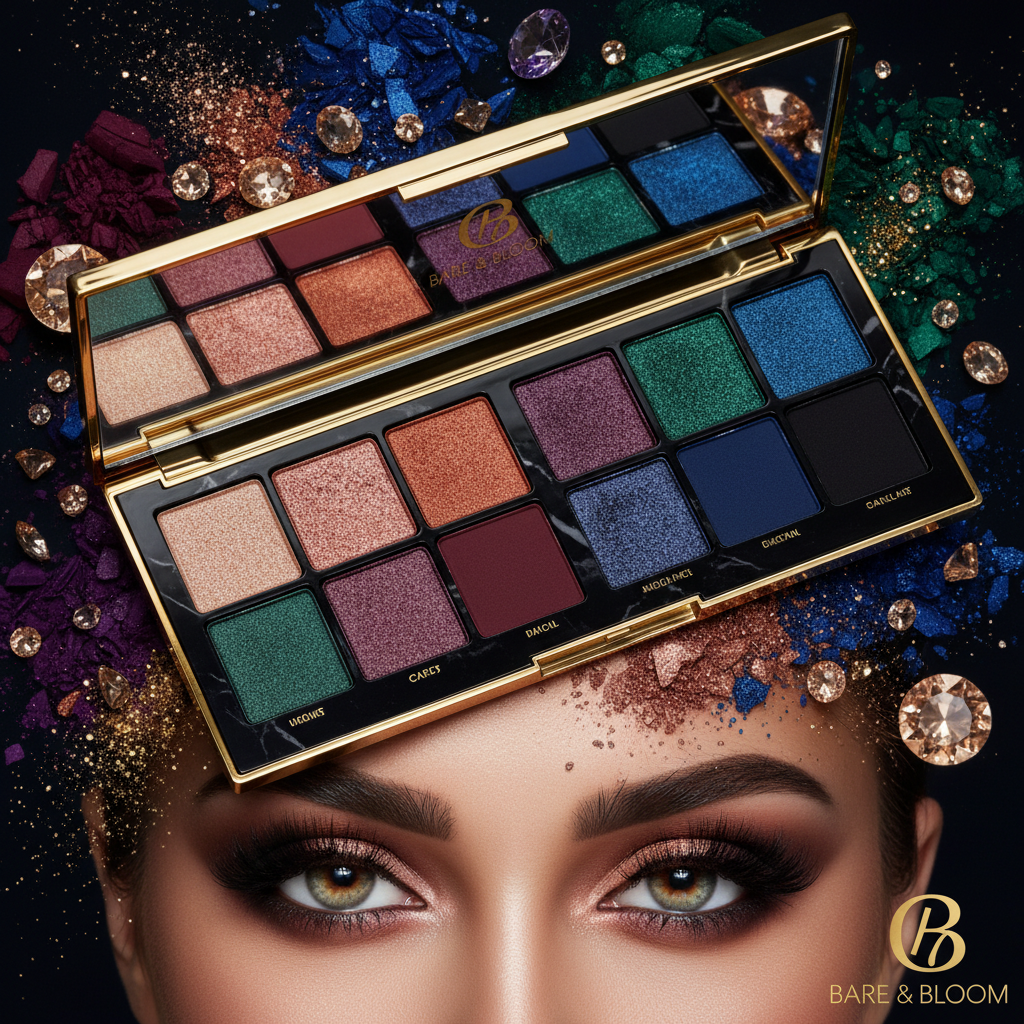 Bare & Bloom 12-shade eyeshadow palette open on dark jewel-tone backdrop