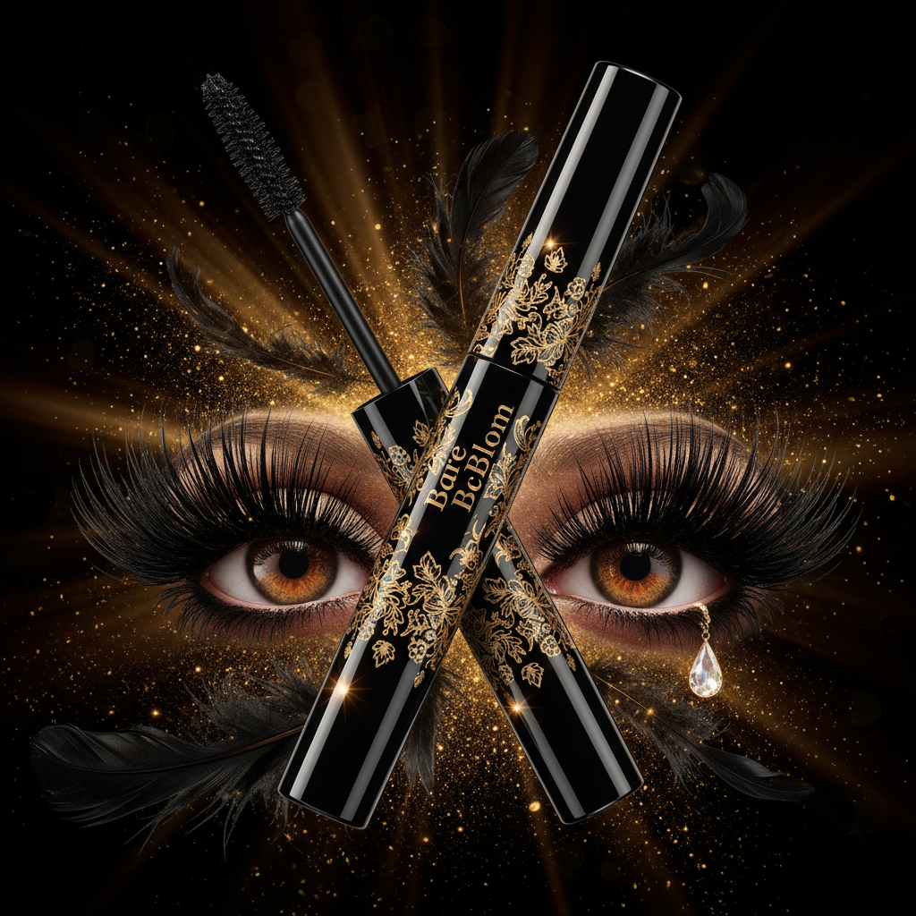 Bare & Bloom Lash Trap Mascara tubes with dramatic lash close-up